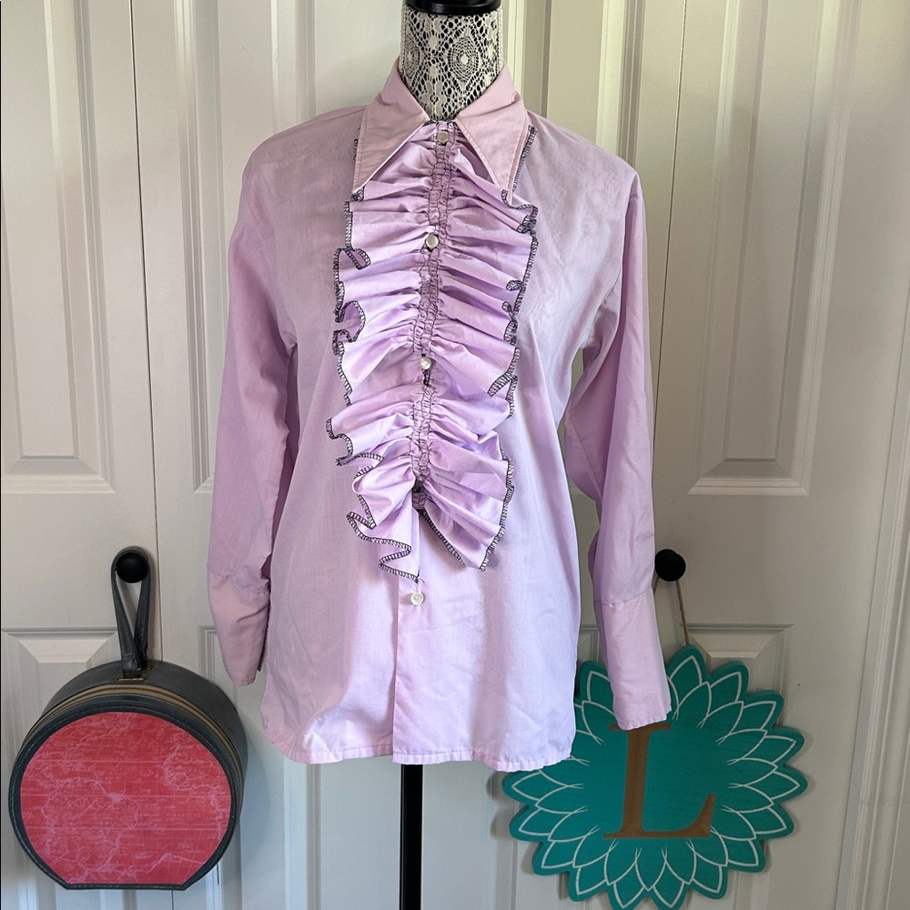 🦩Vintage 70s/80s Lavender Ruffle Front Tuxedo Shirt